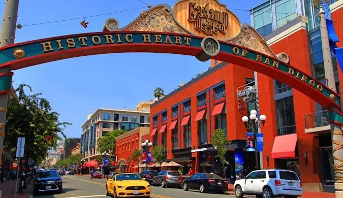 Gaslamp Quarter nightlife district at night, downtown San Diego