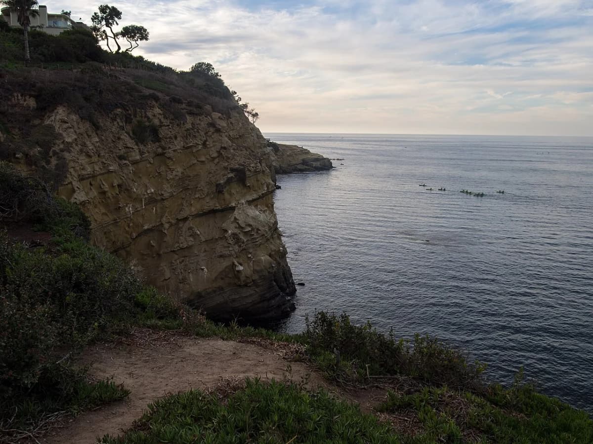 La Jolla kayak tour group paddling along the protected marine reserve coastline