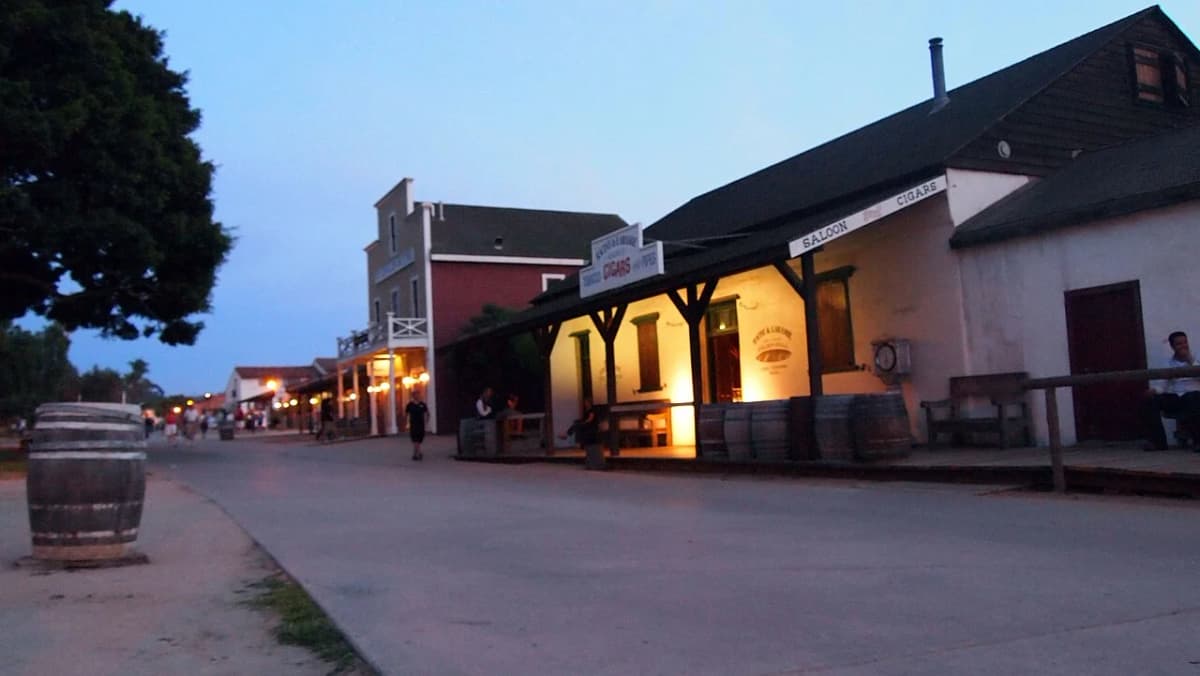 Old Town San Diego State Historic Park — central plaza with adobe buildings and historic California architecture